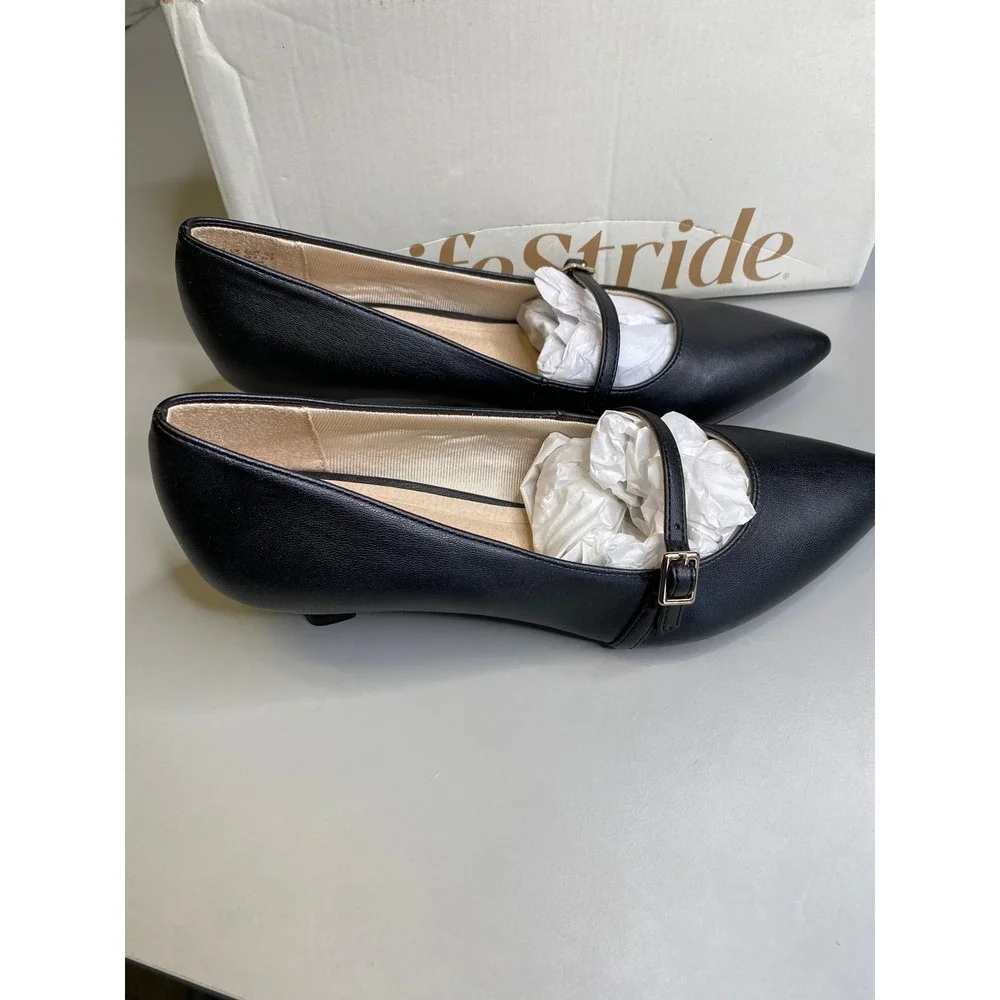 LifeStride Madelyn Black Mary Jane Kitten Heel Pumps Pointed Toe Womens 7.5 M